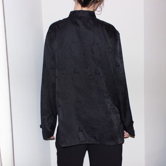 vintage 90s black silk asian mandarin collar frog closure tunic shirt blouse top - Picture 5 of 9